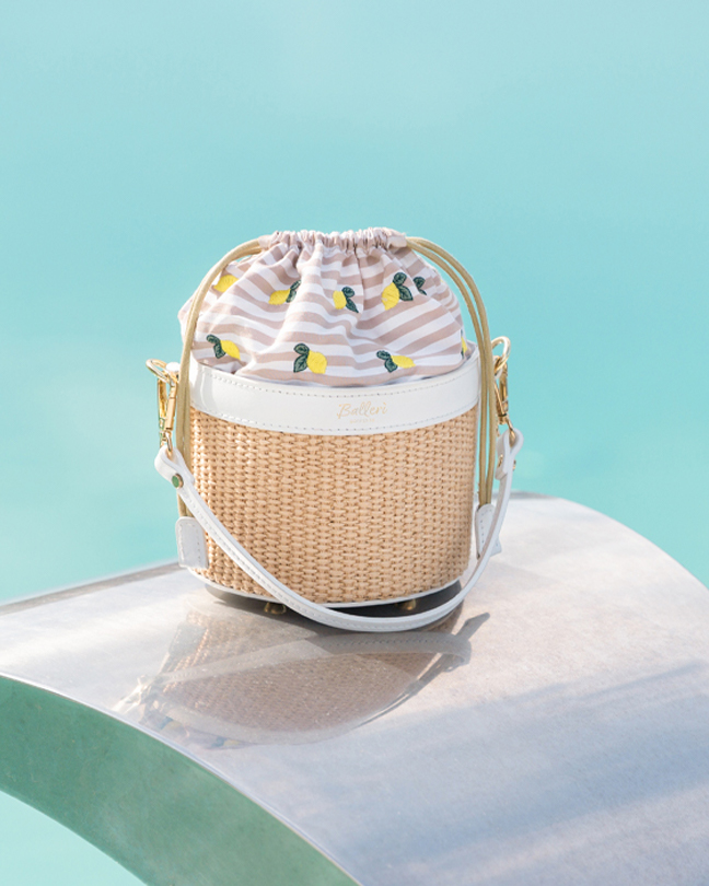 Positano Borsa Secchiello Rafia Righe Beige