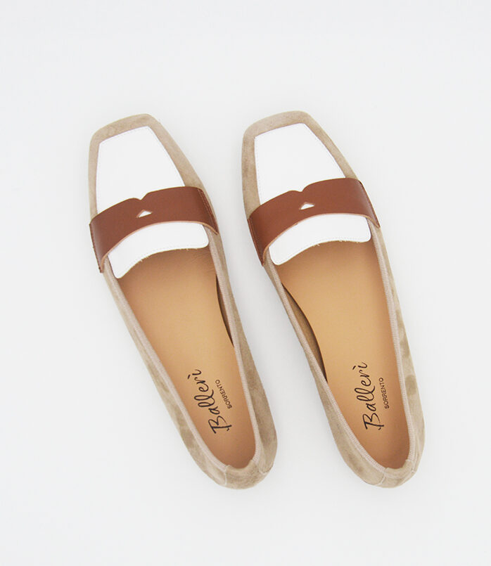 Mocassino punta quadrata Eres Camoscio Beige/Bianco