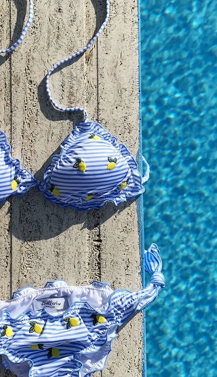 Faro Costume Bikini con limoni ricamati Righe Azzurro