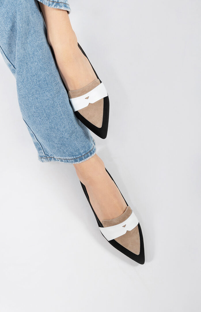 Mocassino a punta Roma Camoscio Nero/Beige/Bianco