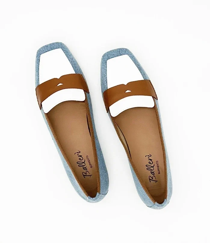 Mocassino a punta quadrata Eres Denim/Cuoio/Bianco