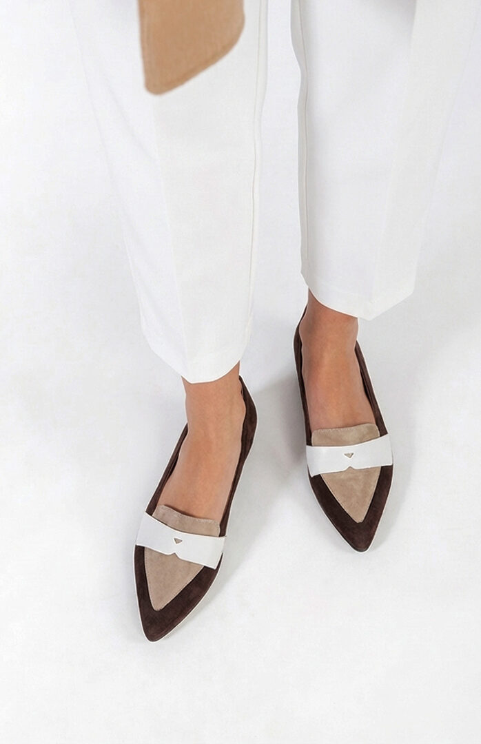 Mocassino a punta Roma Camoscio Marrone/Beige/Bianco