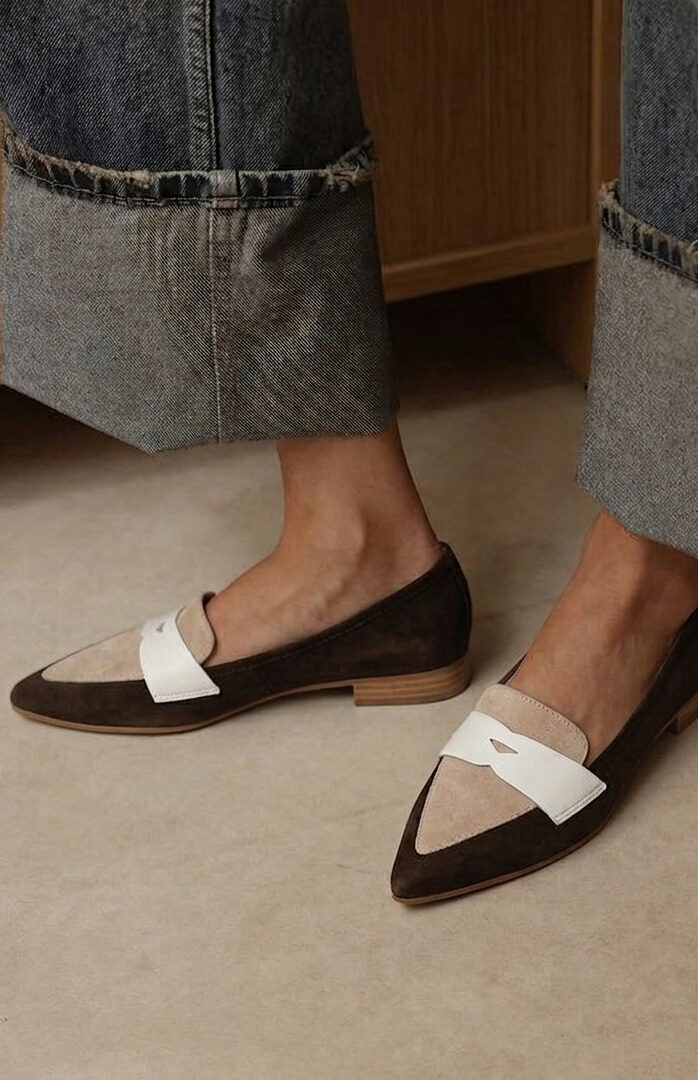 Mocassino a punta Roma Camoscio Marrone/Beige/Bianco