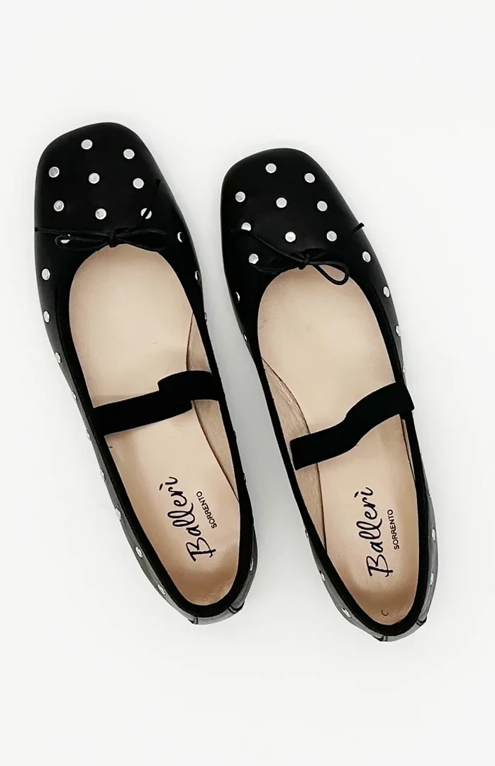 Studded Black Leather Emma Square Toe Ballerina